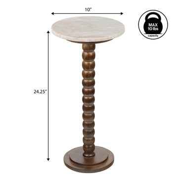 Monroe 24.25" Rustic Farmhouse Spindle Wood Drink Table and Decorative End Table with White Marble Round Top